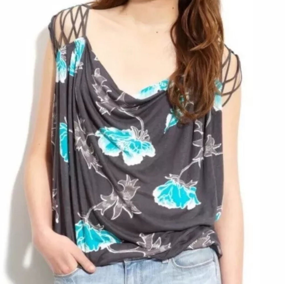 Free People Women's Size S Grey Blue Slouch Neck Strappy Shoulder Floral Top